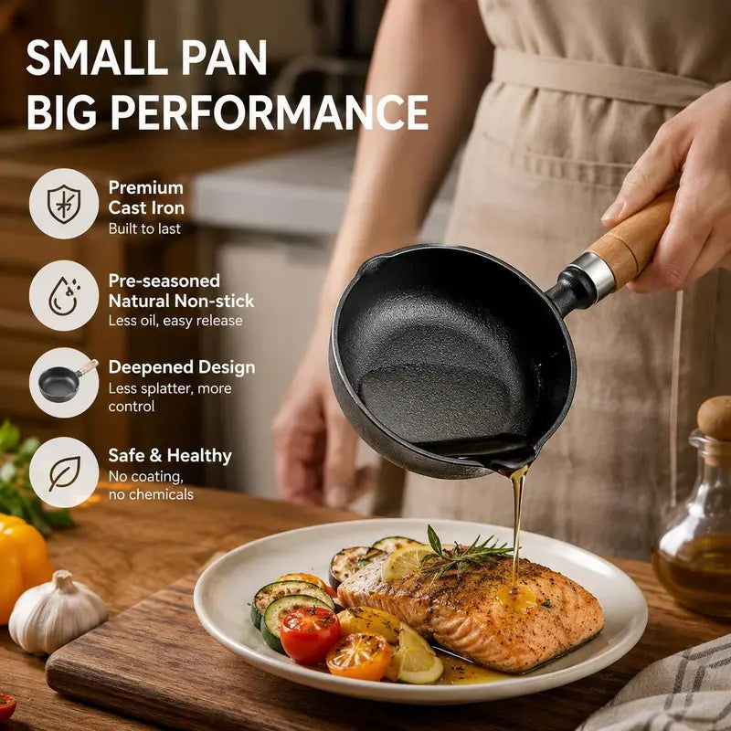 🍳 4.3" Pre-Seasoned Cast Iron Mini Sauce Pan with Wooden Handle & Dual Pour Spouts