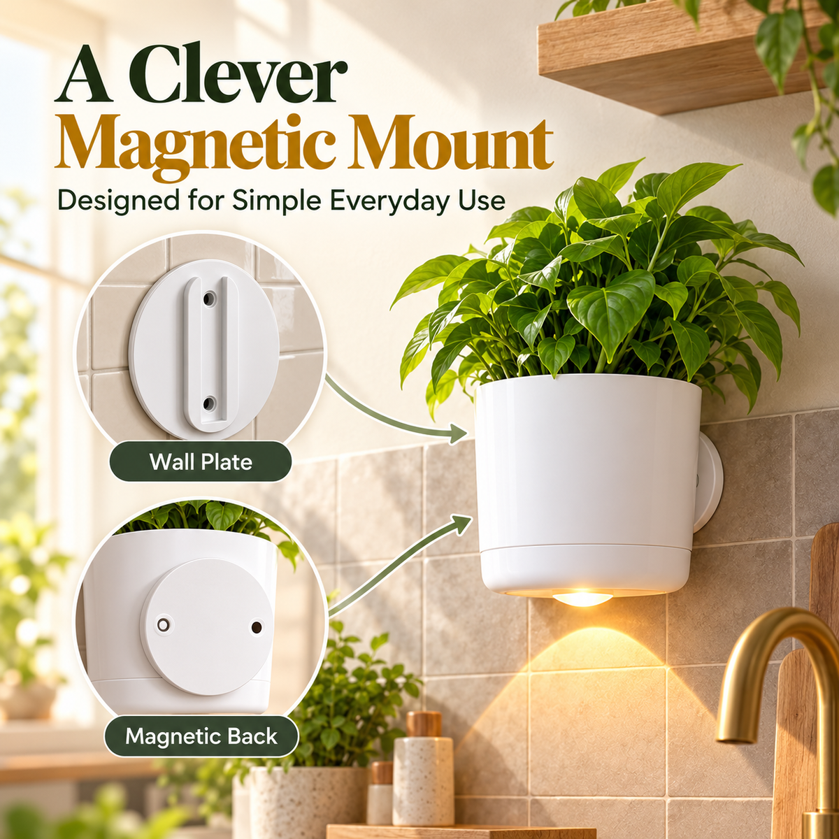 Close-up product diagram showing the white wall mounting plate and magnetic back of the planter