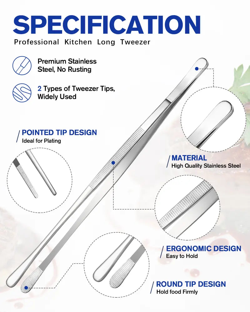 🍳 4-Piece Stainless Steel Kitchen Tweezers Set – Precision Cooking, BBQ & Plating Tongs