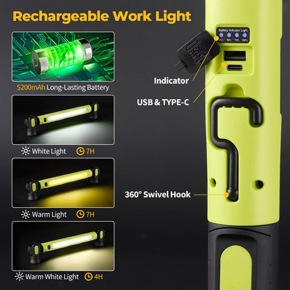 🔋New 15W COB Rechargeable Work Light, 360° Rotatable Magnetic LED Inspection Lamp with Hook & Power Bank, Super Bright Portable Floodlight for Car Repair, Camping, Home Emergency (USB Charging)