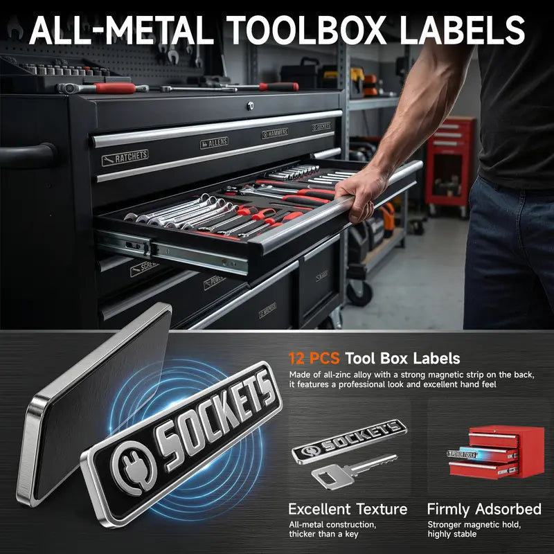 Professional black rolling toolbox organized with magnetic tool category labels