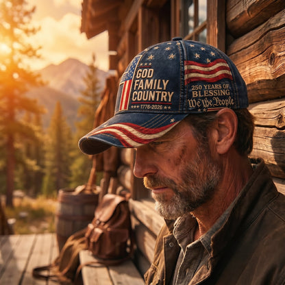Premium Patriotic Baseball Cap: God, Family, Country – 250th Anniversary Edition