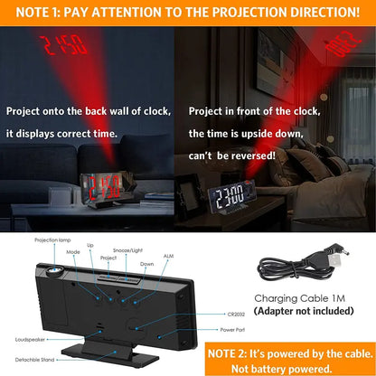 LED Digital Projection Alarm Clock - 7.8in Display, 180° Rotatable Projector, Black & White Light, Digital Dimmable Clock, Date & Week Display, Voice Control, 12/24H Format, Sleep Mode, USB Port, Home Bedroom Timekeeping Decor, Projection Clock