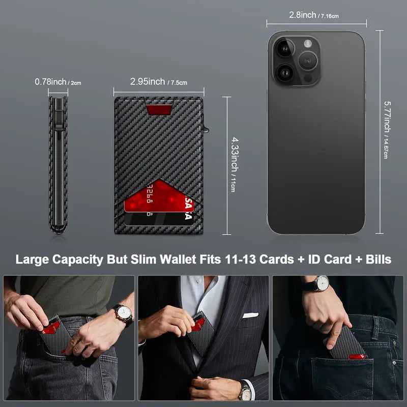 Slim pop-up wallet dimensions compared with smartphone and pocket carry