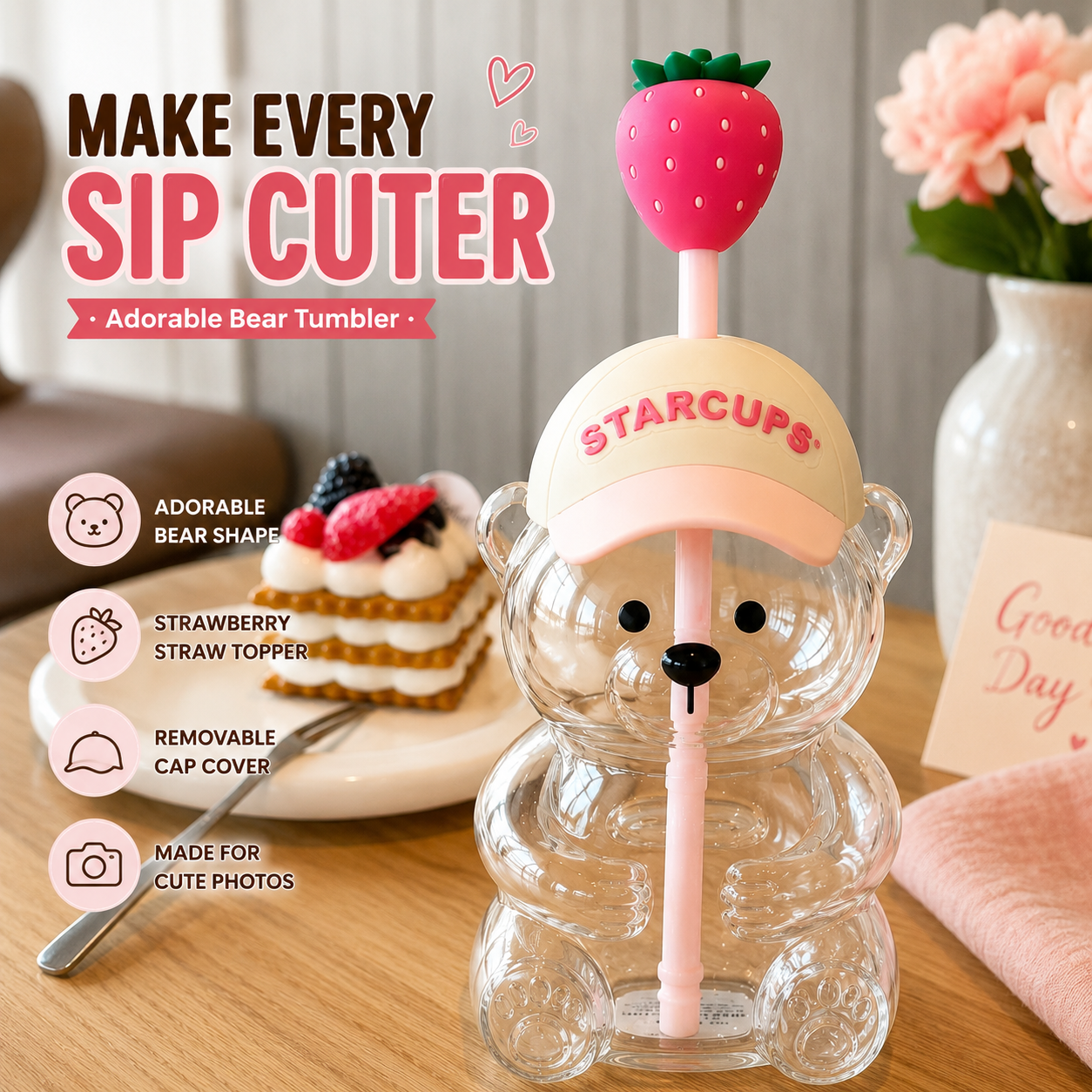🧸2026 New Cute Beaar Glass Tumbler with Bear Lid & Strawberry Straw✨