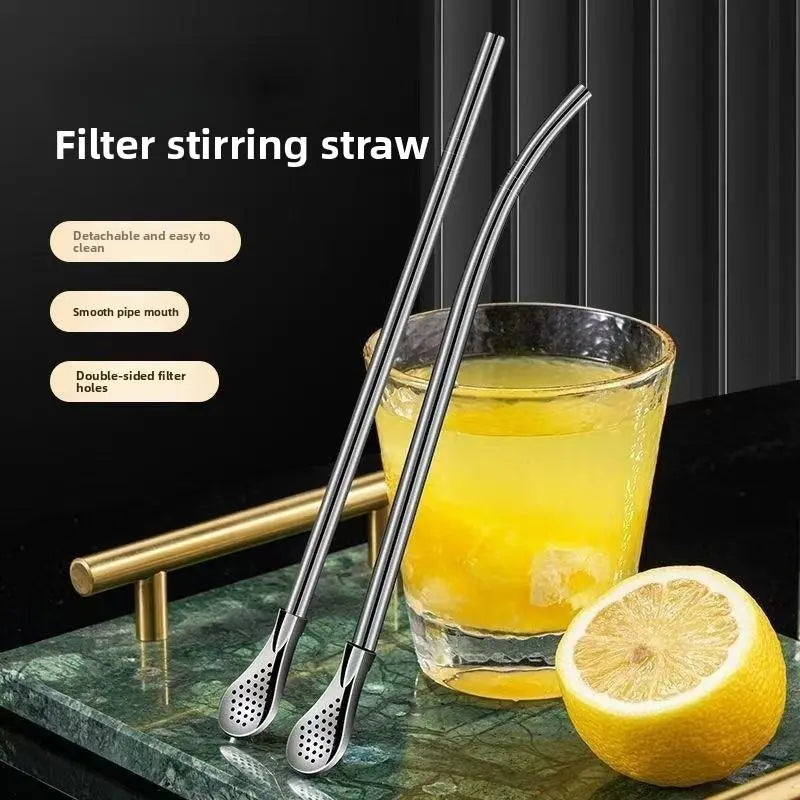 Stainless steel filter stirring straw in lemon drink