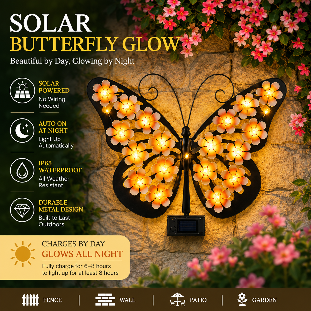 Solar Butterfly Wall Decor Lights | Outdoor Metal Garden Light
