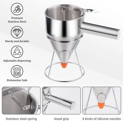 🥞 Easy-Squeeze Stainless Steel Batter Dispenser – Perfect Portions, Less Mess