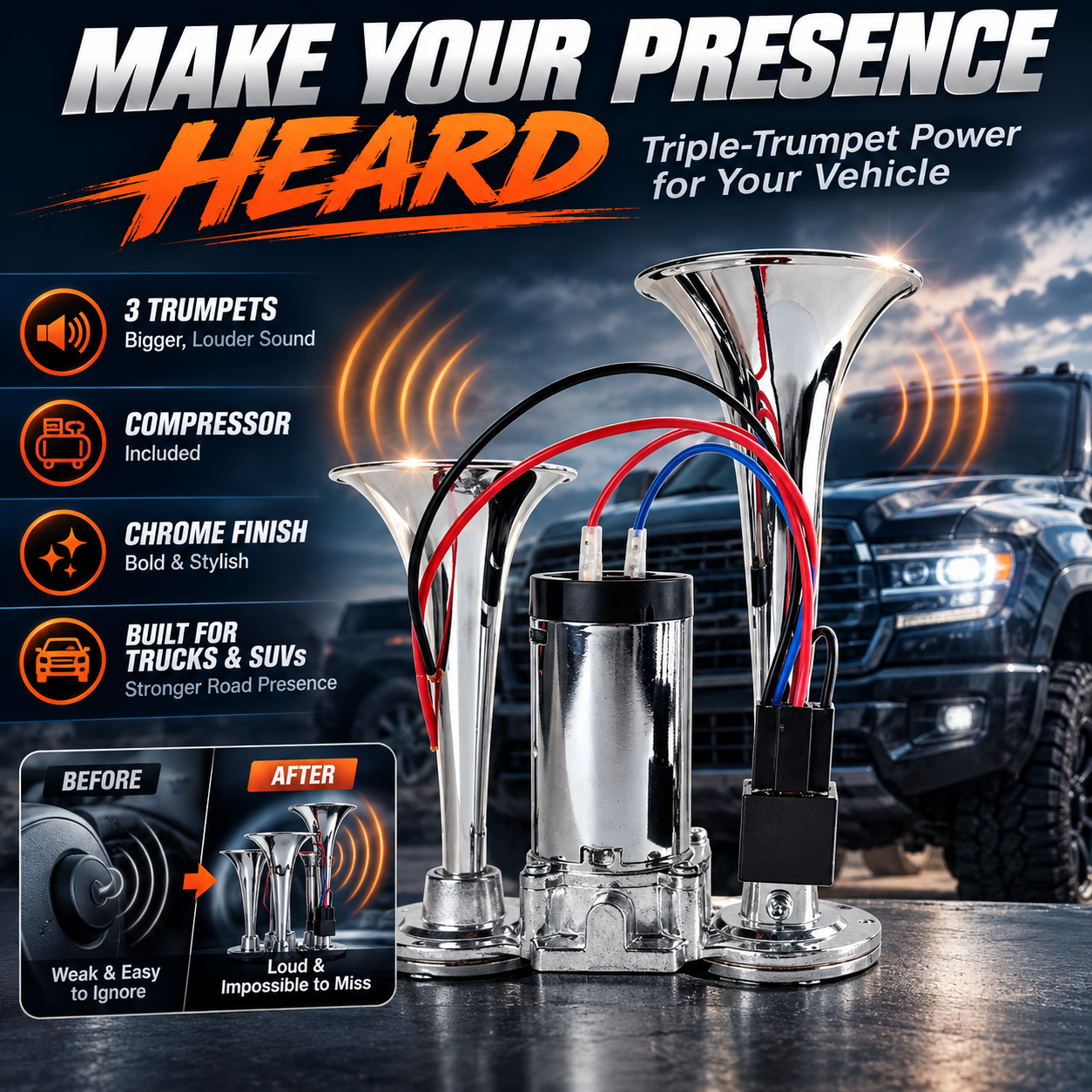 📣 Triple Trumpet Air Horn Kit with Compressor – Make Your Presence Impossible to Miss