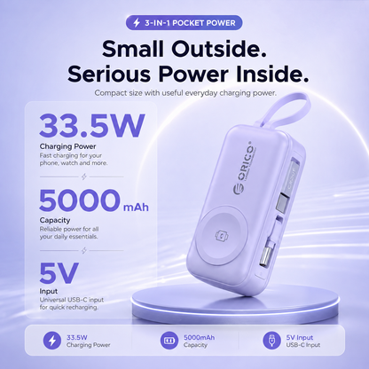 ⚡ 3-in-1 Mini Power Bank – 5000mAh 33.5W Phone & Watch Portable Charger