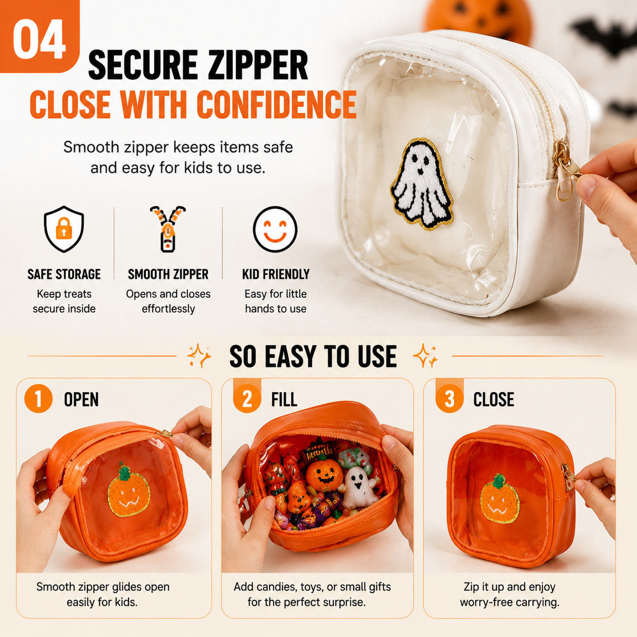 🎃 Halloween Mini Clear Pouch – Cute Pumpkin Ghost Bat Treat Bag for Candy, Makeup & Small Treasures