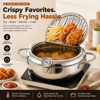 🍗 All-in-One Frying Pot with Thermometer & Drain Lid – Fry, Drain & Cook with Less Hassle