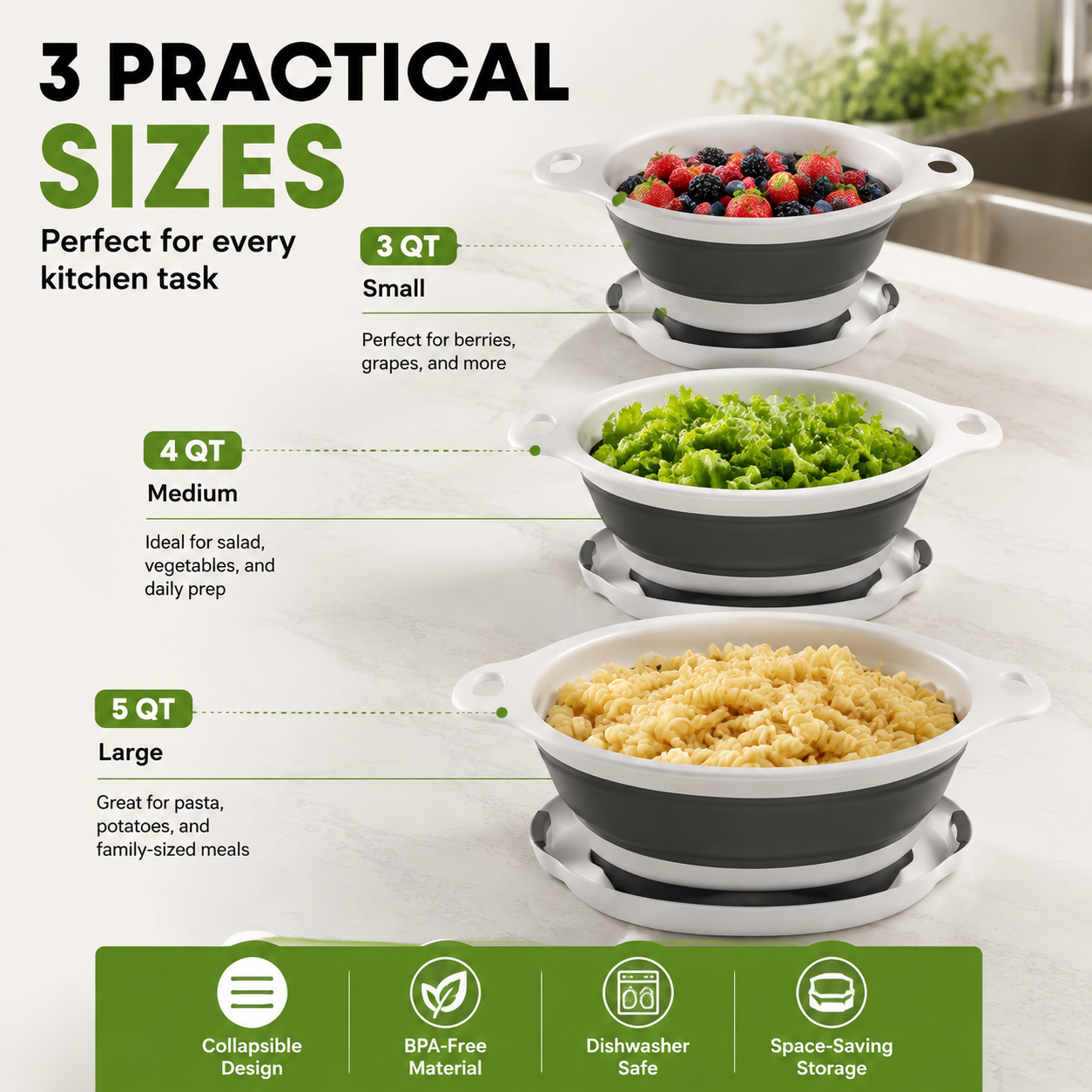 🥗 Collapsible Colander Set With Self-Draining Base | Space Saving Kitchen Strainer