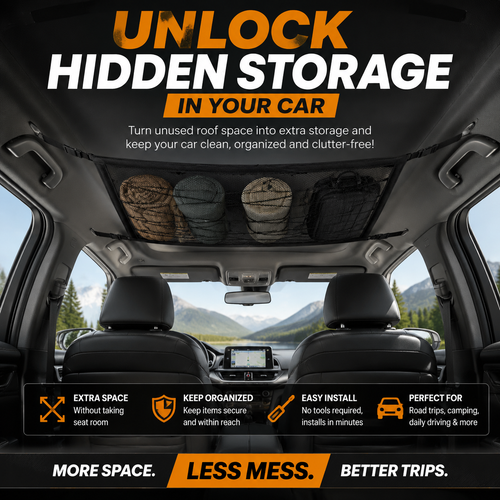 🚗 Car Ceiling Cargo Net | Hidden Roof Storage Organizer