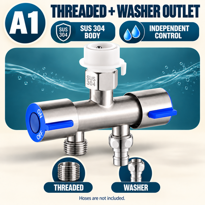 🚿 SUS 304 Dual-Control Faucet Splitter – 2-Way Hose & Washing Machine Adapter