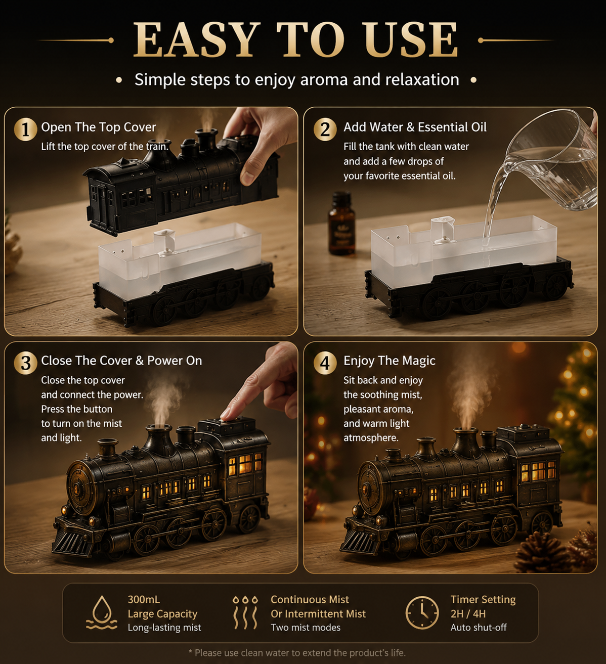 🎄 Christmas Magic Train Diffuser – Vintage Steam Train Aroma Humidifier with Cozy Mist & Ambient Light