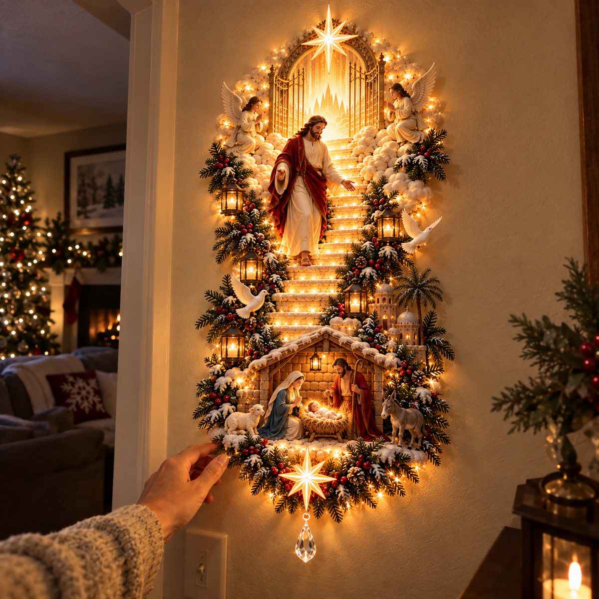 ✨ Jesus Light of Heaven Christmas Wall Hanging | Illuminated Nativity Stairway Decor ✝️
