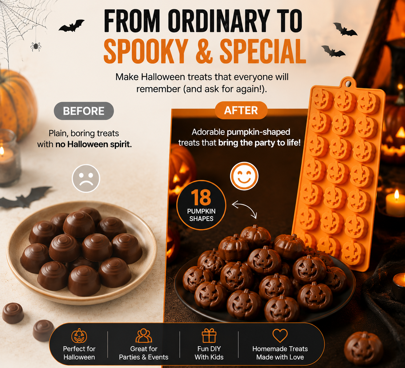 🎃 18-Cavity Halloween Pumpkin Silicone Mold | DIY Chocolate & Candy Treat Maker🍫