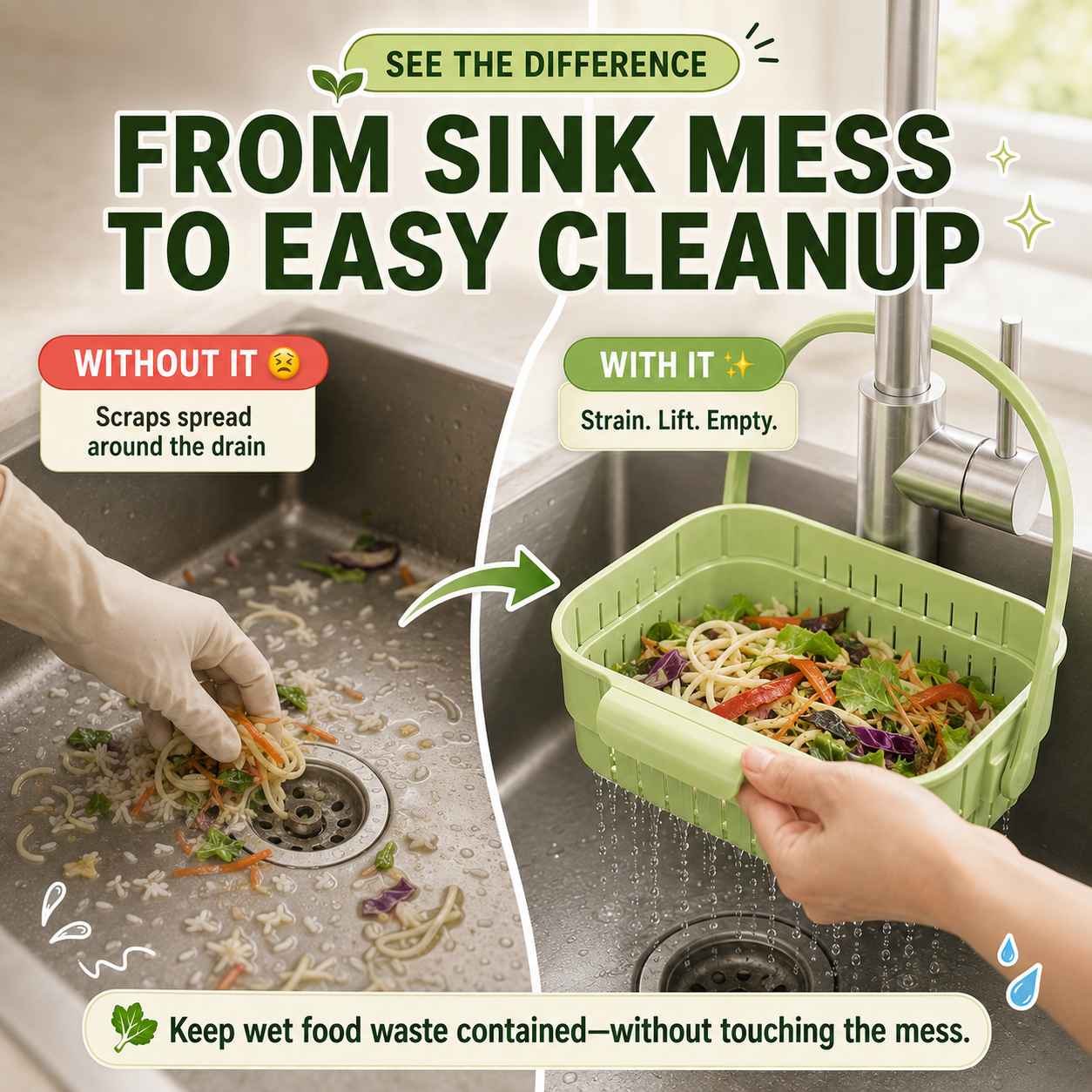 🧼 3-in-1 Collapsible Hanging Sink Strainer Basket – Rinse, Drain & Organize