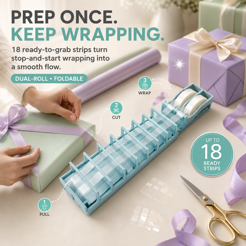 🎁 Foldable 18-Strip Dual-Roll Tape Dispenser – Faster Gift Wrapping