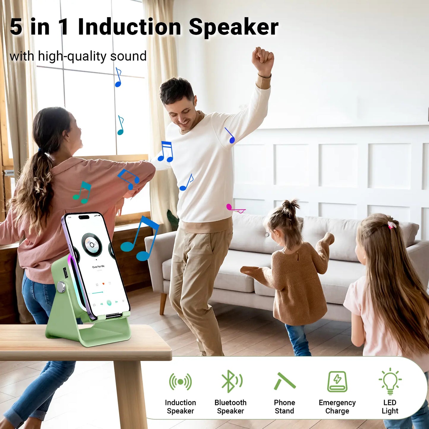 📱5-in-1 Smart Induction Speaker Stand | Bluetooth Speaker, RGB Light & Power Bank