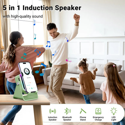 📱5-in-1 Smart Induction Speaker Stand | Bluetooth Speaker, RGB Light & Power Bank