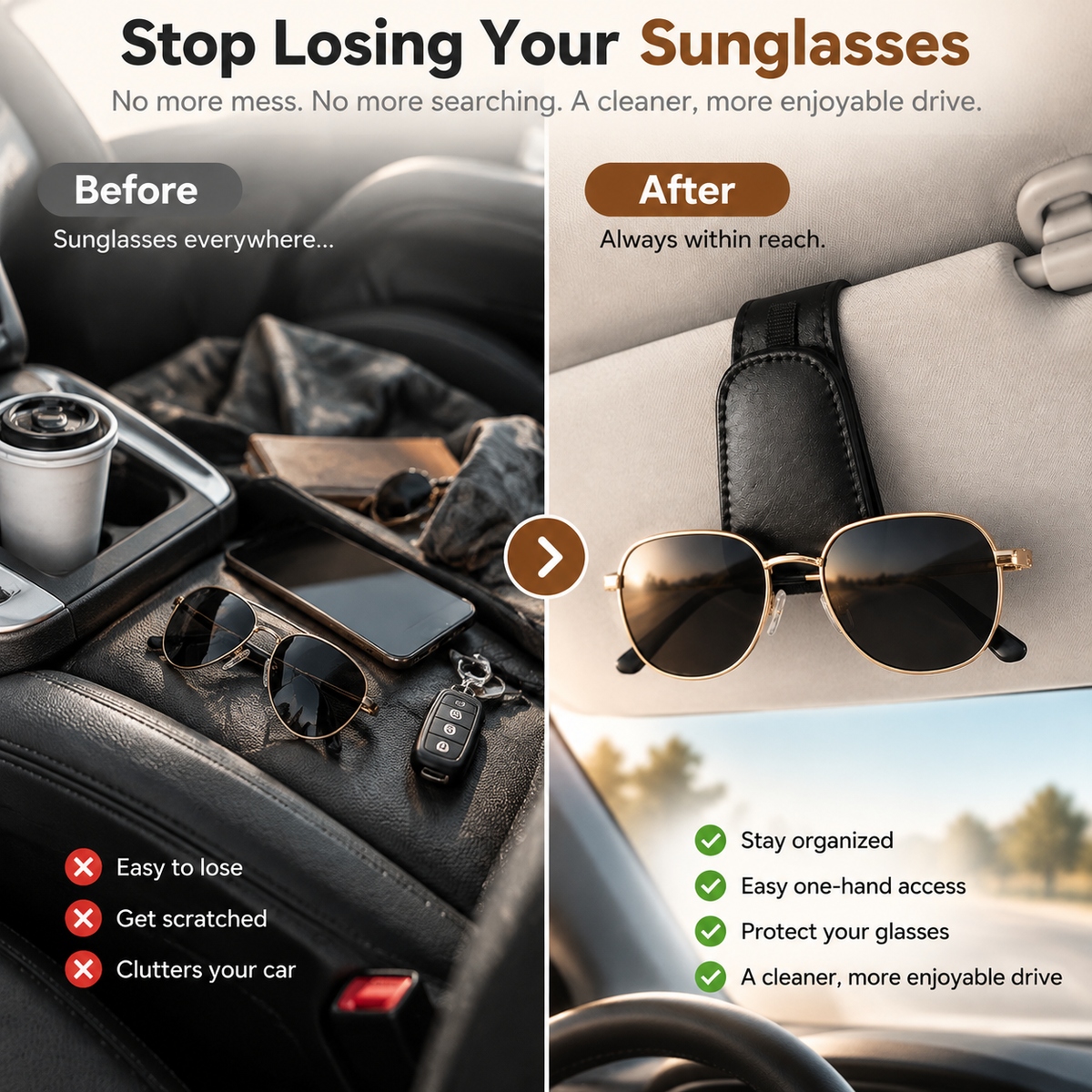 🚗 Premium Leather Car Visor Sunglasses Holder – Keep Your Glasses Organized & Always Within Reach