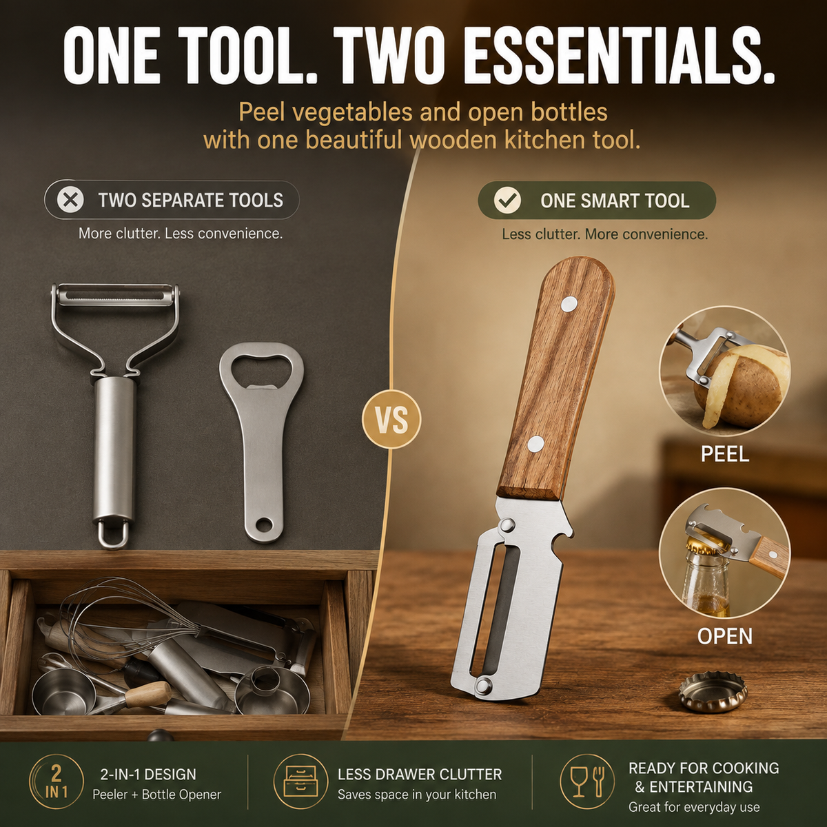 🔪 2-in-1 Wooden Kitchen Peeler & Bottle Opener – Peel, Open & Simplify Your Cooking