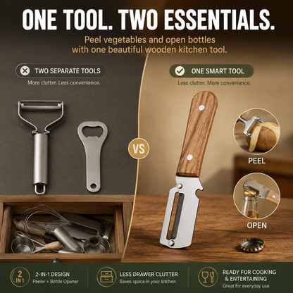 🔪 2-in-1 Wooden Kitchen Peeler & Bottle Opener – Peel, Open & Simplify Your Cooking