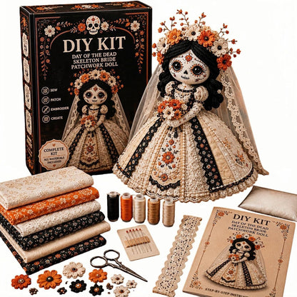 🌼 Day of the Dead-Inspired Skeleton Bride DIY Kit – Handmade Patchwork Doll