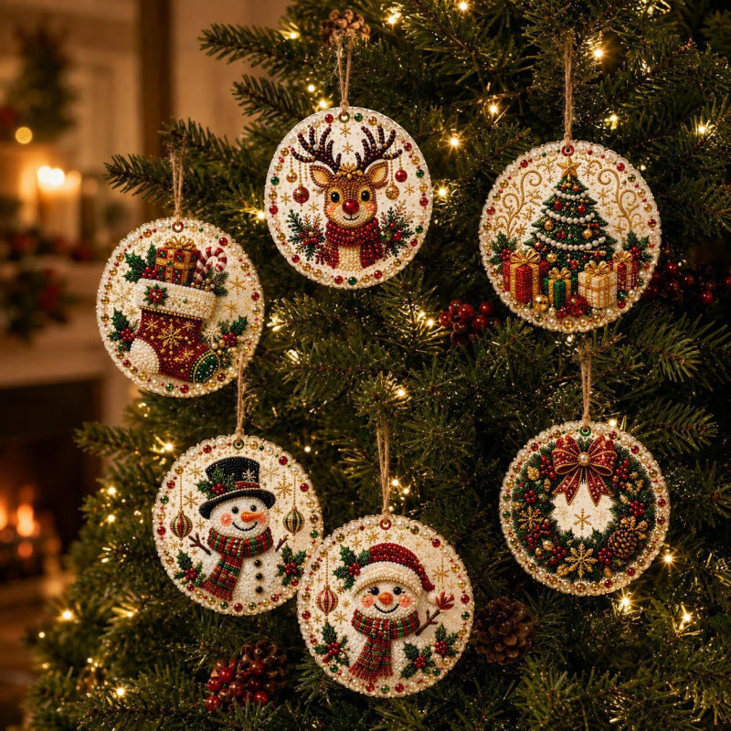 🎄 6-Piece DIY Diamond Painting Wooden Christmas Ornament Kit – Handmade Holiday Tree Decorations