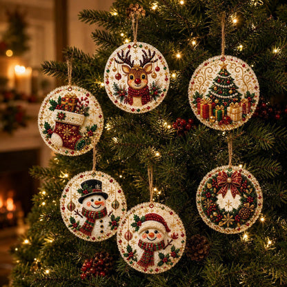 🎄 6-Piece DIY Diamond Painting Wooden Christmas Ornament Kit – Handmade Holiday Tree Decorations