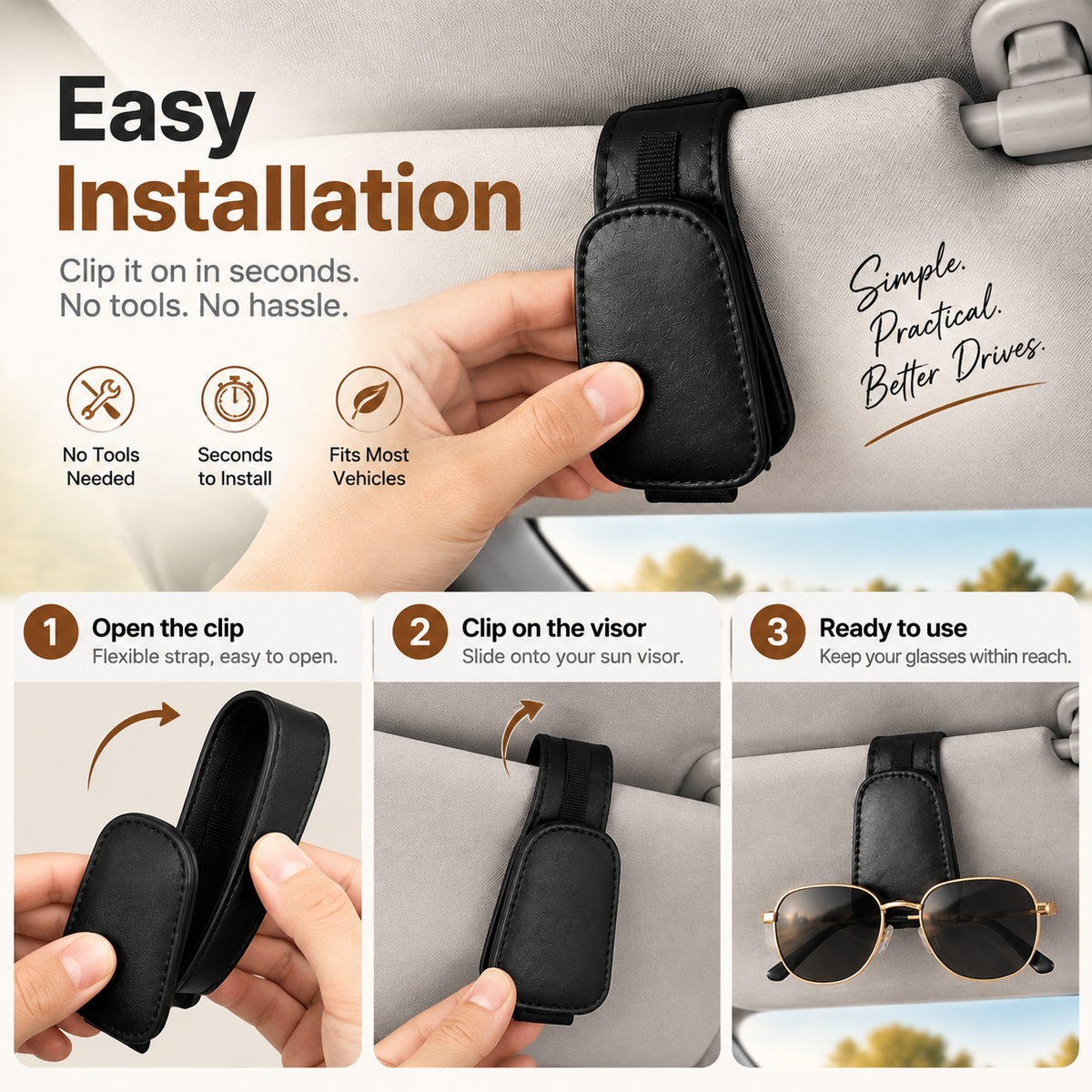 🚗 Premium Leather Car Visor Sunglasses Holder – Keep Your Glasses Organized & Always Within Reach