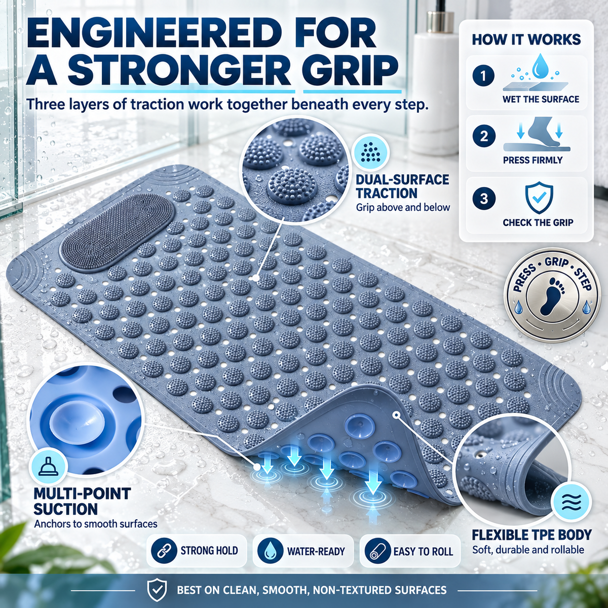 🚿3-in-1 Non-Slip Bath Mat with Foot Scrubber – Quick-Drain Massage & Cleaning Mat