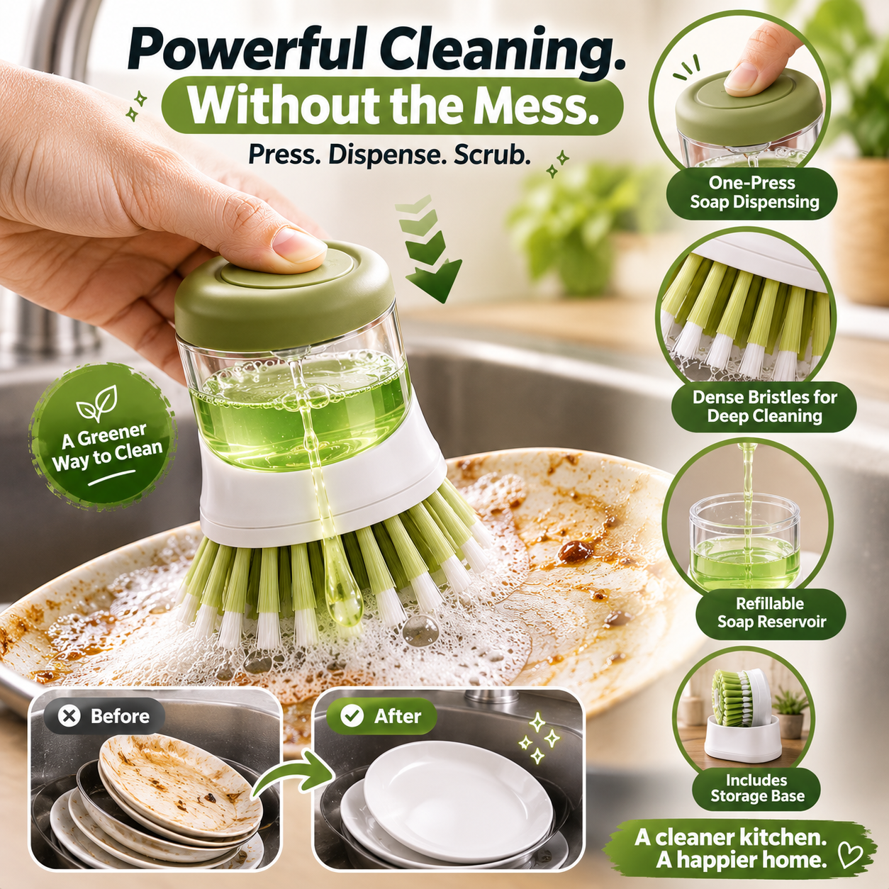 🧼 Press-to-Dispense Dish Brush with Storage Base – Cleaner Sink, Easier Dishwashing