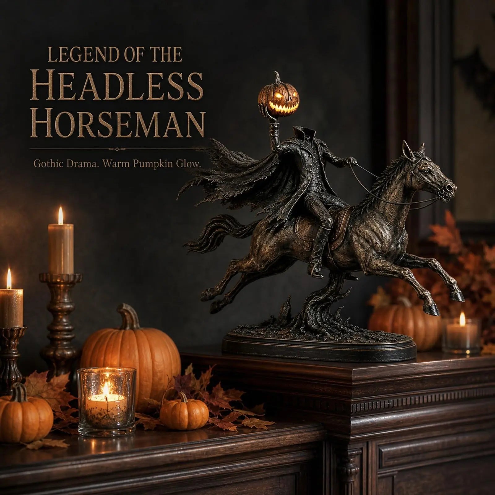 Legend of the Headless Horseman gothic Halloween mantel display
