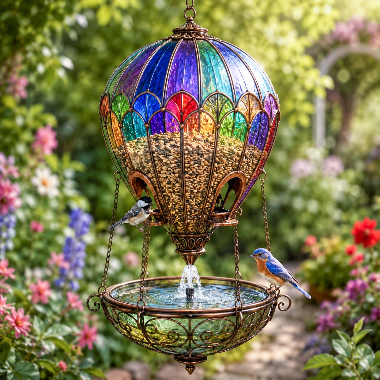 Stained Glass Hot Air Balloon Bird Feeder Fountain🐦