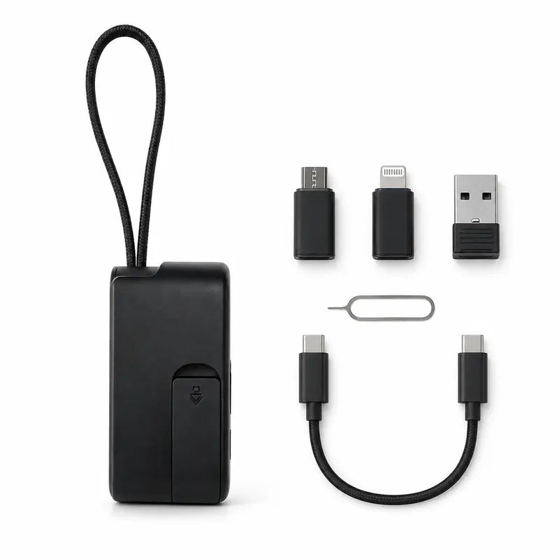 🔌 Pocket Travel Cable Kit – USB-C Cable, 3 Adapters, SIM/TF Storage & Phone Stand