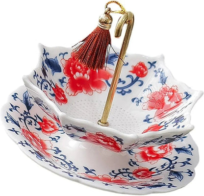 🍵 Ceramic Tea Strainer with Saucer – Blue & White Umbrella Loose Leaf Tea Filter