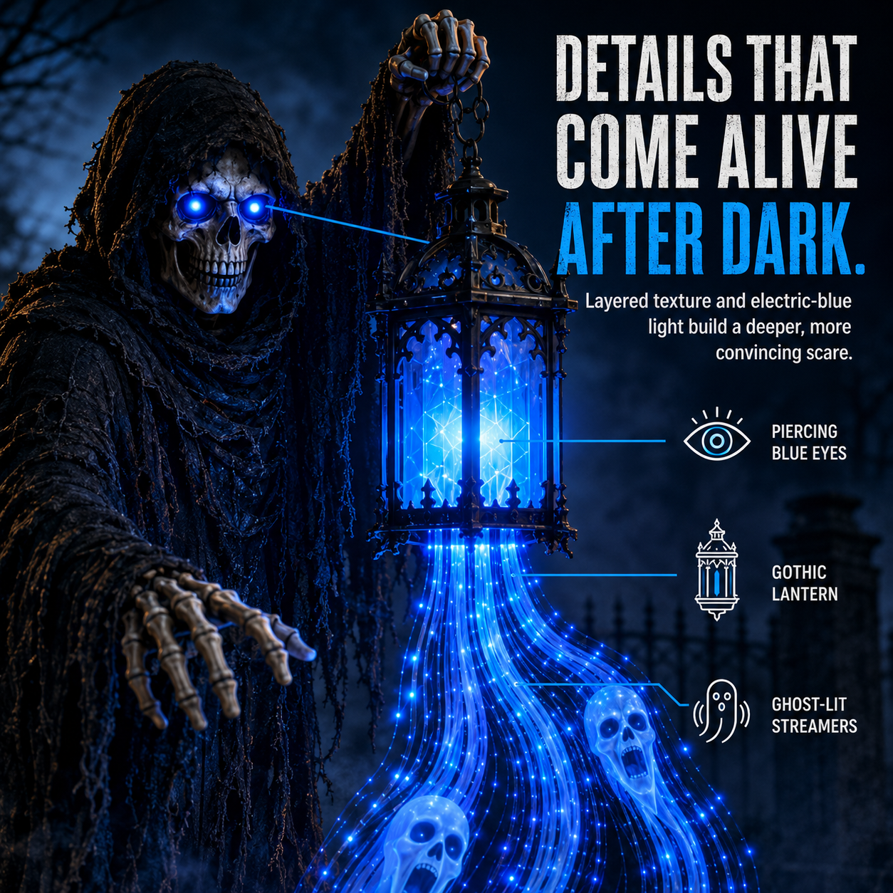 🔥 Today Only: 49% OFF 🔥Solar Grim Reaper Ghost Lantern Yard Stake with Blue LED Lights
