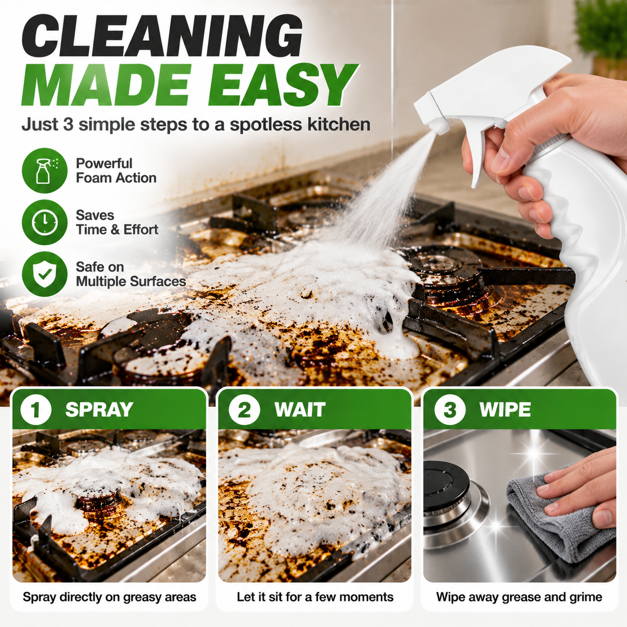 🧽 Heavy Duty Kitchen Degreaser Spray – Powerful Grease Remover For Stove, Oven, Cabinets & Multiple Surfaces