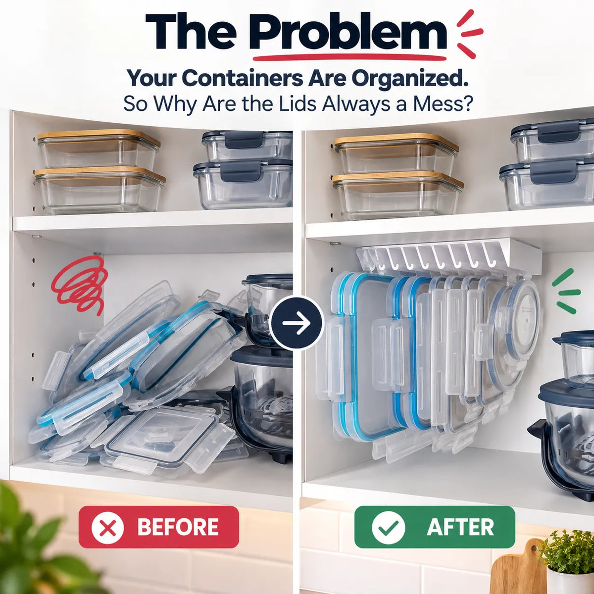 Before and after messy food container lid storage