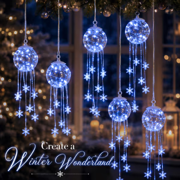💎 CHRISTMAS FAVORITE | Crystal-Style Globe Ornament – Icy Blue LED Snowflake Hanging Decoration for Holiday Décor