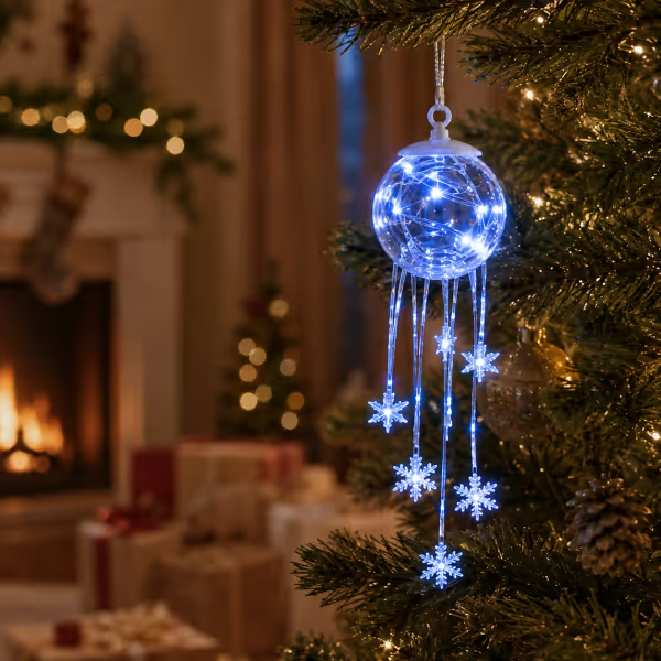 💎 CHRISTMAS FAVORITE | Crystal-Style Globe Ornament – Icy Blue LED Snowflake Hanging Decoration for Holiday Décor