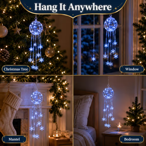 💎 CHRISTMAS FAVORITE | Crystal-Style Globe Ornament – Icy Blue LED Snowflake Hanging Decoration for Holiday Décor