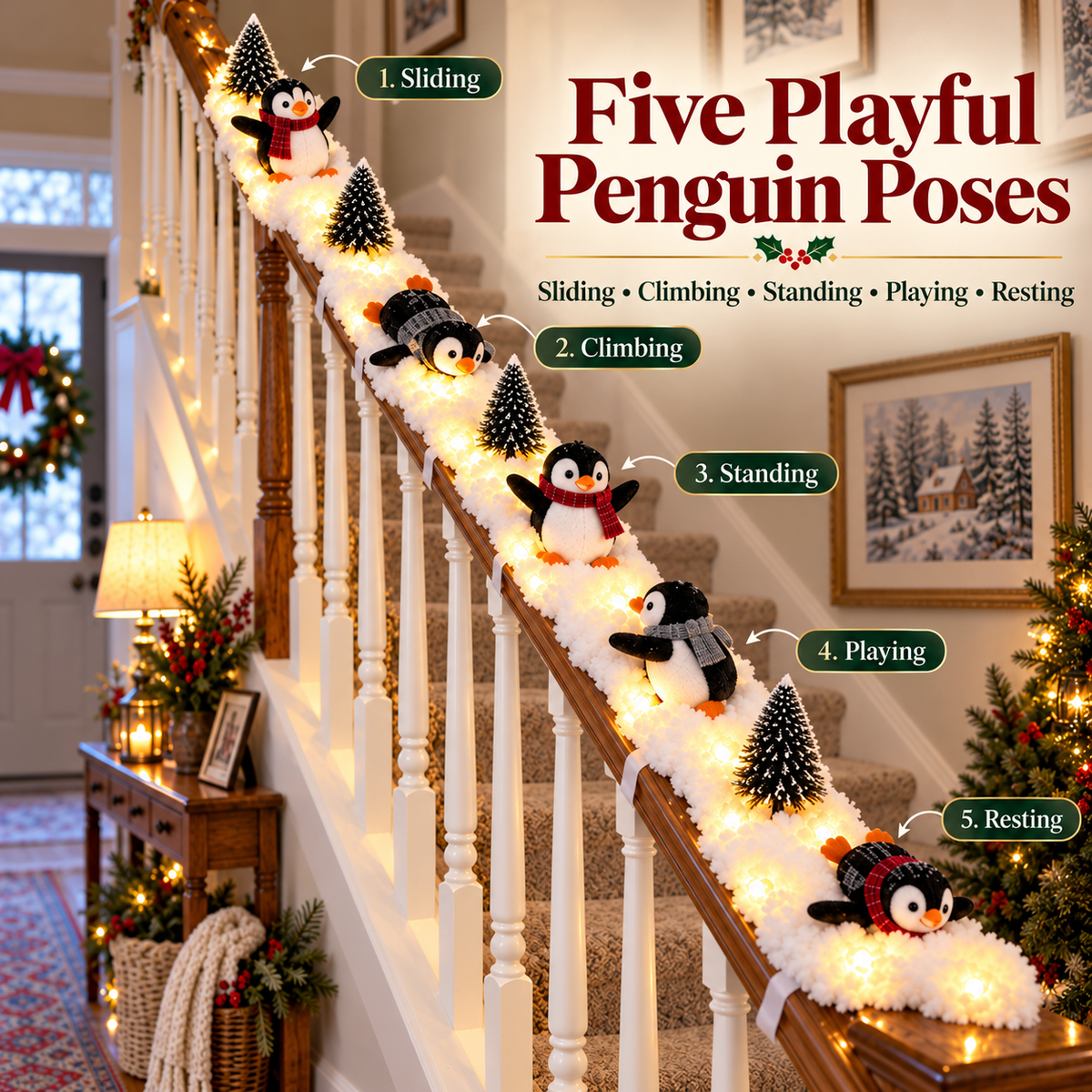 🐧 Light-Up Penguin Christmas Stair Garland – Turn Your Banister Into a Winter Wonderland ✨