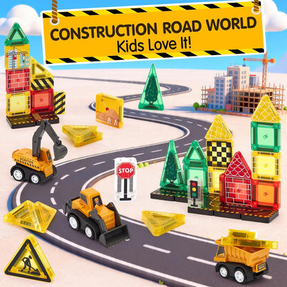 🚧 Construction Truck Magnetic Tile Playset – Build, Drive & Create Your Own Adventure