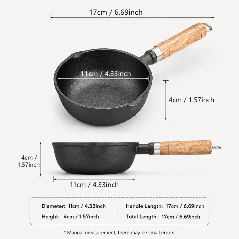 🍳 4.3" Pre-Seasoned Cast Iron Mini Sauce Pan with Wooden Handle & Dual Pour Spouts