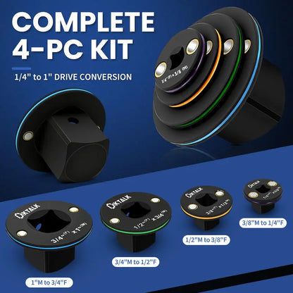 4-PC Impact Socket Adapter Set – 1/4" to 1" Drive Conversion Kit, Cr-Mo Alloy Steel, 1/4"(F)x3/8"(M), 1/2"(F)x3/4"(M), 1/2"(M)x3/8"(F), 3/8"(M)x1/4"(F) for Impact Wrench & Ratchet