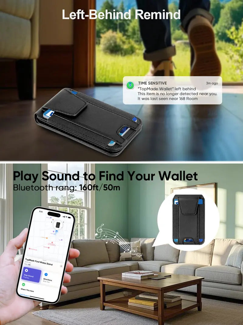 Left behind alert and sound locating smart wallet